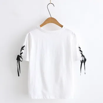 Vara noi Japonez cu mânecă scurtă T-shirt femei lățime de bandă liber coreean student imprimare stil Harajuku tricou alb negru
