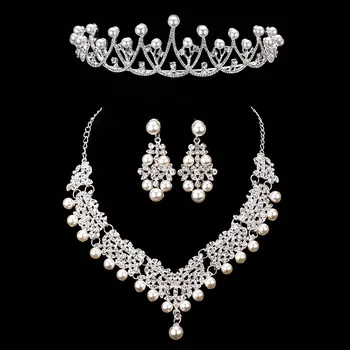 KMVEXO 3PCS Magnific Perla de Nunta Mireasa Seturi de Bijuterii Femei Mireasa Costum pentru Petrecerea de Cristal Diademe Coroana Colier Cercei Seturi
