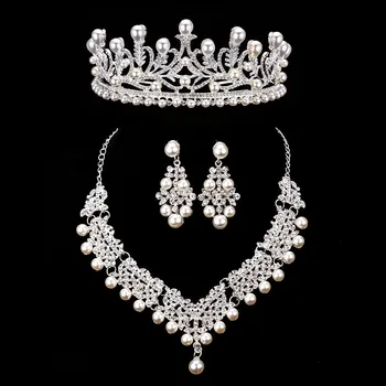 KMVEXO 3PCS Magnific Perla de Nunta Mireasa Seturi de Bijuterii Femei Mireasa Costum pentru Petrecerea de Cristal Diademe Coroana Colier Cercei Seturi
