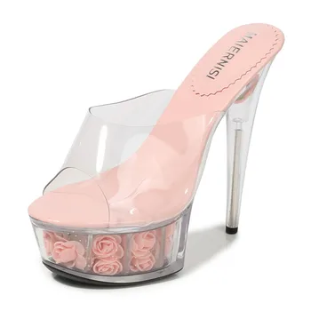 Colorate Femeie Cristal Flori Sandale cu Platforma Club de noapte Stripteuză 15 cm toc Papuci de casă Sexy Podium Model Peep toe Tocuri cui
