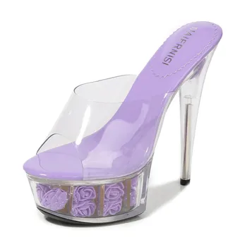 Colorate Femeie Cristal Flori Sandale cu Platforma Club de noapte Stripteuză 15 cm toc Papuci de casă Sexy Podium Model Peep toe Tocuri cui