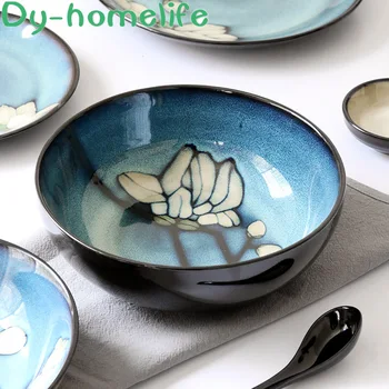 Stil japonez de Mână-pictat Magnolia Cuptor Glazura Ceramica Set Tacamuri de Bucatarie de uz Casnic Placă Pătrată Disc Castron Ceașcă Lingura
