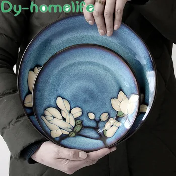 Stil japonez de Mână-pictat Magnolia Cuptor Glazura Ceramica Set Tacamuri de Bucatarie de uz Casnic Placă Pătrată Disc Castron Ceașcă Lingura