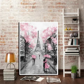 Paris City Pictură în Ulei de Imprimare Turnul Eiffel Cuplu Cu Umbrela pe Strada Perete de Artă Poster Canvas Tablou Decor Acasă