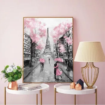 Paris City Pictură în Ulei de Imprimare Turnul Eiffel Cuplu Cu Umbrela pe Strada Perete de Artă Poster Canvas Tablou Decor Acasă