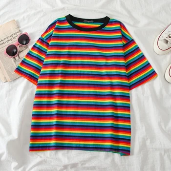 Dulce Rainbow Stripe Femei de Vara T-Shirt Minimalist Maneca Scurta Femei haine de Modă Topuri tricou câteva haine tricou top