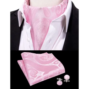 Barry.Wang Model Paisley Roz Cravată Ascot Mătase Set Scrunch Auto Britanic Mens Legături Pentru Petrecerea de Nunta Costume de Barbati Stil DACA-0007