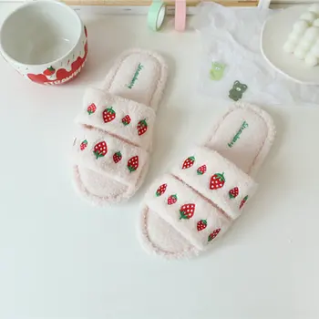 Căpșuni Cireșe broderie vara pufoase, papuci de casă antiderapante interior papuci de femei papuci de casa pantofi