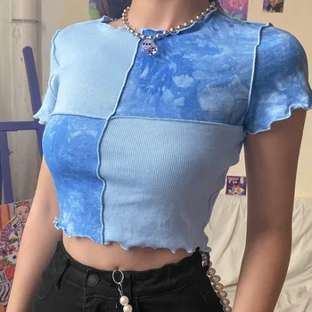 E-fată Chic Topuri de Cultură Teuri Egirl Tie Dye Cu Sequin Patchwork Femei de Vara tricouri cu Volane Tiv Violet Sau Bule Y2k Haine