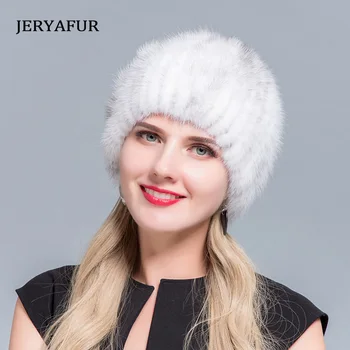 JERYAFUR Iarna Nurca Blană Pălărie Tricotate Linie Stras Decorare Femei Caciula de Blana Pulover