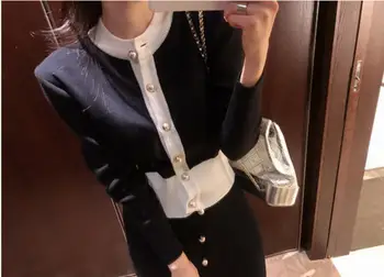 Femei Toamna Roz/Negru Negre O-Gât Pearl Singur Pieptul Cardigan Tricot +Elastic Split Fusta Lunga Set OL Elegant Munca