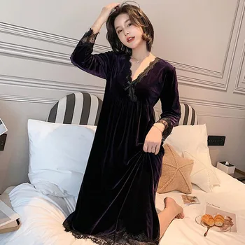2021 Primăvară Nouă Femei V-neck mâneci lungi dantelă rochie eleganta din catifea Sleepwear Doamnă Romantic sexy cămașă de noapte roșu gri FG308