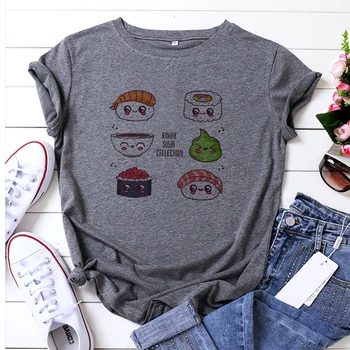Stil japonez Nou tricou Femei Grafica de Desene animate Sushi de Imprimare de Top Tee ropa mujer Hipster Punk, Hip-Hop Ieftine O-neck Tricou