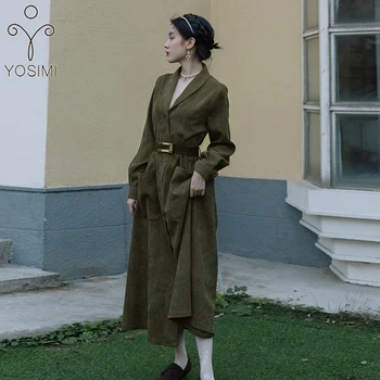YOSIMI 2020 Primăvară Maxi Vintage din Catifea Lung Femei Rochie de Seara V-gât Partid Complet Maneca Feminin Vestidos Eșarfe Rochii Verzi
