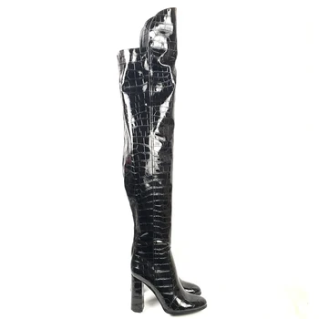 Pantofi Femei Rotund Toe Tocuri inalte Peste genunchi cizme Bloc Toc Negru din Piele de Brevet Cizme de Iarna pentru Femeie Fermoar Personalizate