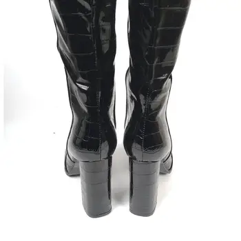 Pantofi Femei Rotund Toe Tocuri inalte Peste genunchi cizme Bloc Toc Negru din Piele de Brevet Cizme de Iarna pentru Femeie Fermoar Personalizate