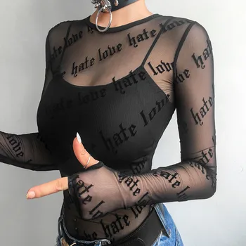 Vara Femei Negru T Shirt de imprimare Scrisoare ochiurilor de Plasă Pur Vedea-Prin Perspectiva Slim Topuri cu Maneci Lungi Mult