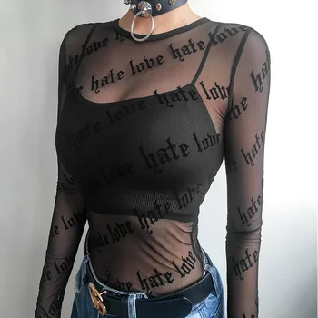 Vara Femei Negru T Shirt de imprimare Scrisoare ochiurilor de Plasă Pur Vedea-Prin Perspectiva Slim Topuri cu Maneci Lungi Mult