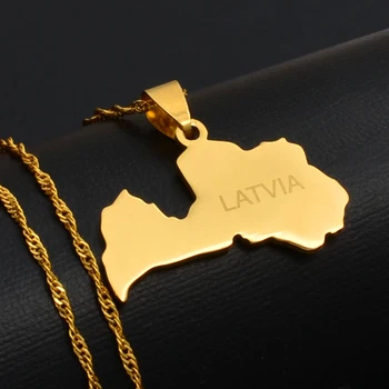 Anniyo Letonia Harta Pandantiv Colier pentru Femei de Culoare de Aur Latvijas Republika Hărți din Oțel Inoxidabil, Bijuterii Cadouri #033721