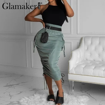 Glamaker Femei 2021 primăvară nouă scule elastic talie dantelă-up buzunar fusta talie Inalta femei casual de vara fusta liber fund