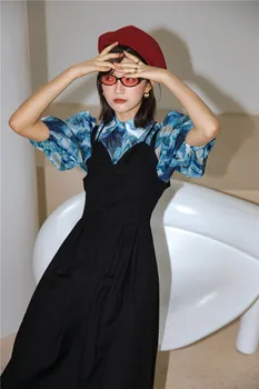 CHEERART Designer Felinar Bluza cu Maneci Femei de Vara Albastre Rezumat Butonul de Imprimare de Până Vintage Tricou Maneca Scurta Bluza Femei Top