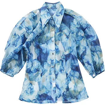 CHEERART Designer Felinar Bluza cu Maneci Femei de Vara Albastre Rezumat Butonul de Imprimare de Până Vintage Tricou Maneca Scurta Bluza Femei Top