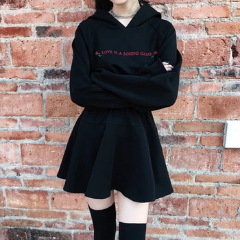 Harajuku Moda Rochie De Femei Gotice Punk A Crescut Litere Maneca Lunga Talie Mare, Cu Pălărie Rochie Casual, De Strada Negru Rochii Negre