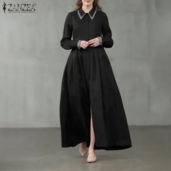 ZANZEA Moda Rever mâneci Lungi Tricou Rochie Casual Eleganta pentru Femei rochie de plajă Primăvară Carouri Mozaic Timp Vestidos Femininas