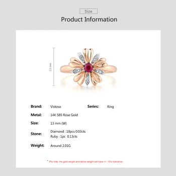 VISTOSO Reale 14K 585 Aur roz Rubin Diamant Inel de Flori Pentru Doamna Nuntă, Logodnă, Aniversare Cadou Trendy Bijuterii Fine