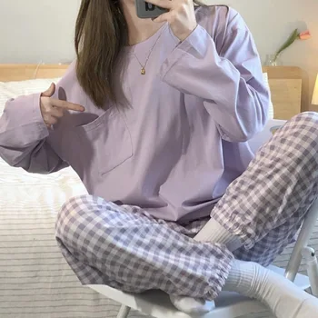Primavara/Toamna Cu Maneca Lunga Carouri Set Pijama Femei Roz Violet Top Culoare Solidă + Carouri Pantaloni De Pijama Acasă Uzura Casual Femei