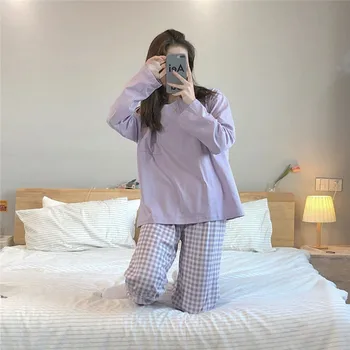 Primavara/Toamna Cu Maneca Lunga Carouri Set Pijama Femei Roz Violet Top Culoare Solidă + Carouri Pantaloni De Pijama Acasă Uzura Casual Femei