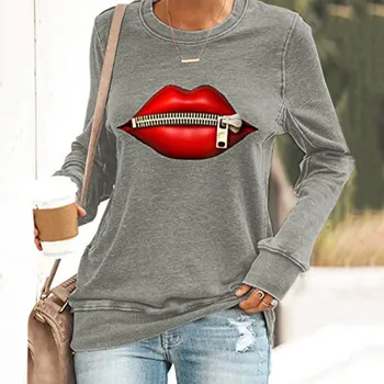 Noul tricou pentru femei roșu de buze Imprimate Gât Rotund Maneca Lunga Casual Pulover Vrac Tricouri haine de înaltă calitate camisetas mujer