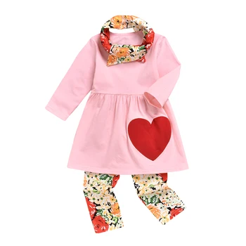 2-7Y Ziua Îndrăgostiților Copilul mic Copil Fata Set Haine cu Maneci Lungi Inima Tunica tricou Top + Pantaloni de Flori Costume Copii Costume