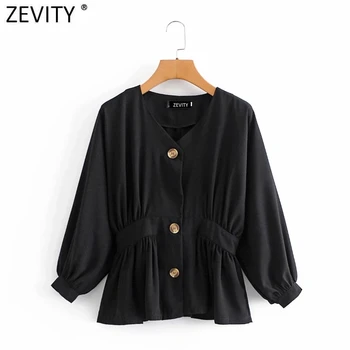 Zevity 2021 Femei de Moda Felinar butoni Casual, Negru Bluza Feminin V Gât Încreți Talie Tricou Chic Combinezon Topuri LS7484