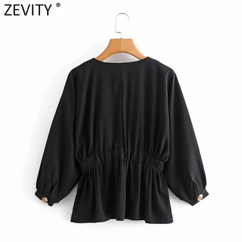 Zevity 2021 Femei de Moda Felinar butoni Casual, Negru Bluza Feminin V Gât Încreți Talie Tricou Chic Combinezon Topuri LS7484