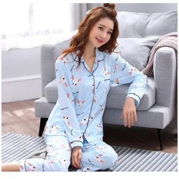 Foply Femei Pijamale de Bumbac Seturi de Pijamale cu Maneca Lunga Top + Pantaloni de Vară de Primăvară Drăguț 2 Bucati Pijama Pj Seturi Doamnelor Halat de baie