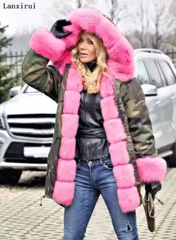 Lanxirui hanorac femei Haine de lux de Mare guler de blană cu glugă haina cald blană de Vulpe linie parka lungă jacheta de iarna de calitate superioară
