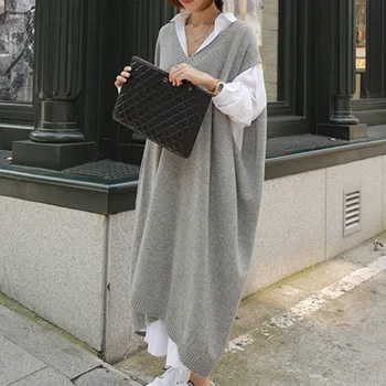 Vesta lunga Femei Genunchi Lungime coreean Liber Pulover Supradimensionat tricou Student Casual Bat Maneca Vrac Direct Rochii Pulover