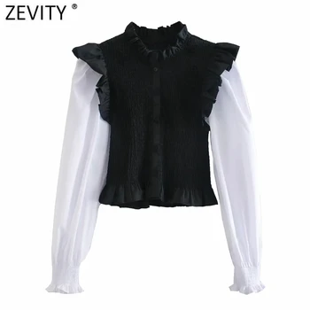 Zevity 2021 Femei Vintage Agaric O Dantelă Gât Mozaic Plisata Scurt Halat Bluza Feminin Volane Tricou Chic Blusas Topuri LS7494