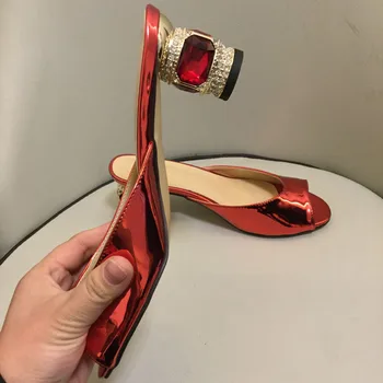 VIISENANTIN 2019 nou brevet piele de vară papuc gură de pește cristal piatră prețioasă de lux slide-uri pentru femei, verde, roșu, argintiu