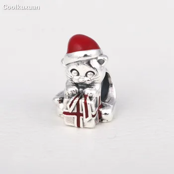 Argint 925 Crăciun Pisoi Farmece Email Rosu Pălărie Panglică Înfășurat Cadou Pisica Animal De Margele Se Potrivește Brand Brățară Diy