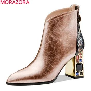 MORAZORA 2020 piele naturala cizme doamnelor pantofi de moda a subliniat deget de la picior toc glezna cizme de iarna aur negru pentru femei cizme pentru femei