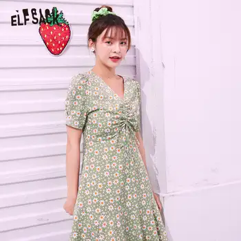 ELFSACK Verde Daisy Imprimare de Flori Casual Cordon Șifon Rochie Femei de Vară 2020 ELF Epocă coreean Doamnelor Rochii de Vacanță