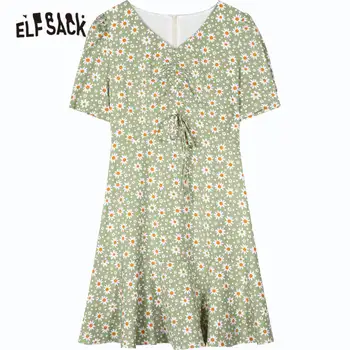 ELFSACK Verde Daisy Imprimare de Flori Casual Cordon Șifon Rochie Femei de Vară 2020 ELF Epocă coreean Doamnelor Rochii de Vacanță