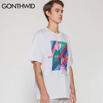 GONTHWID Mens Hipster Hip Hop Trandafir Imprimat Tricouri 2020 Streetwear Casual cu Maneci Scurte Topuri Teu În 2020 Masculin Crewneck Tricouri