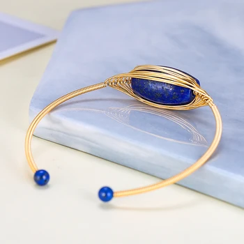 2020 Noua Moda Natural Lapis Lazuli Piatră Deschidere Reglabil Cupru Placare Cu Aur Brățară Pentru Femei Bijuterii Cadou