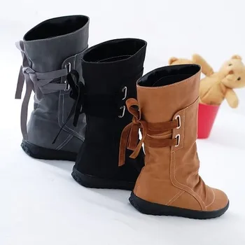 2019 cele mai Noi Cizme de Iarna pentru Femei Cizme de Moda Toamna Pantofi cu Dantelă-up de la Jumătatea Vițel Solid Tocuri Plat PU Cizme Mujer Cizme de Zăpadă