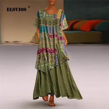 ELSVIOS Elegant Moale Mozaic de imprimare Vrac Rochie Maxi Femei 2019 Vara Toamna casual, O-Neck Fals din Două Piese set Vintage rochii