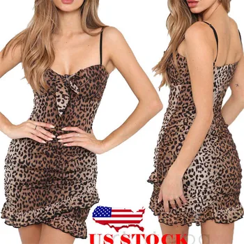Femei Sexy V-Neck Leopard Model Imprimat Rochie Talie Elastic Curea De Spaghete Fără Mâneci Volane Arcul Mini Casual Vestidos