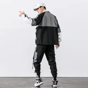 Hip Hop Mozaic Seturi De Sacou Pentru Bărbați Îmbrăcăminte De Lucru Jachete+Pantaloni Două Piese Costum Cu Fermoar Panglici Streetwear Mens Cargo Paltoane Pantaloni